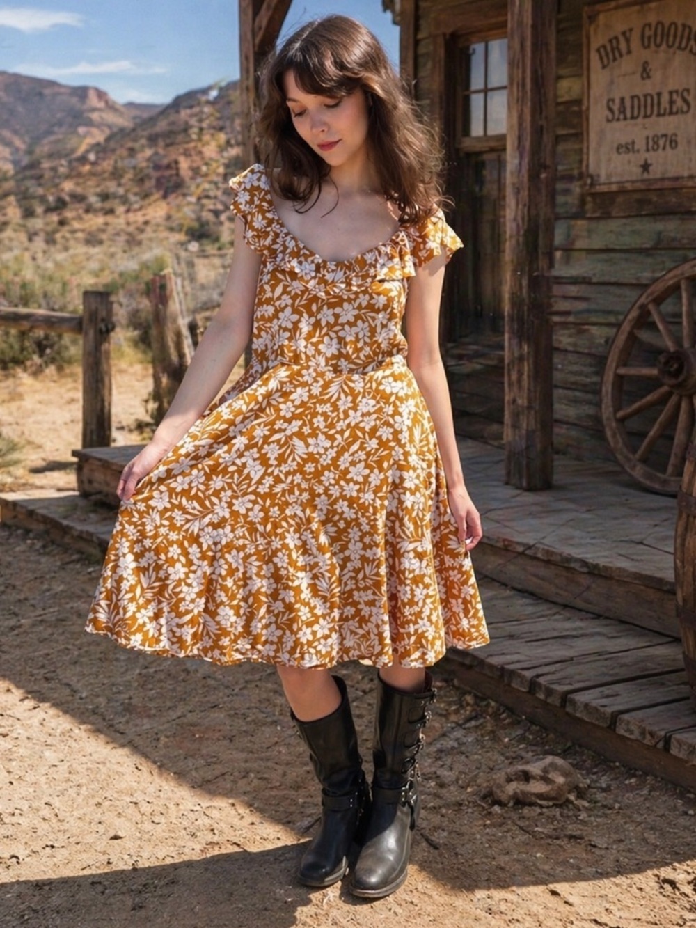 Western Boho Floral Cotton Midi Dress